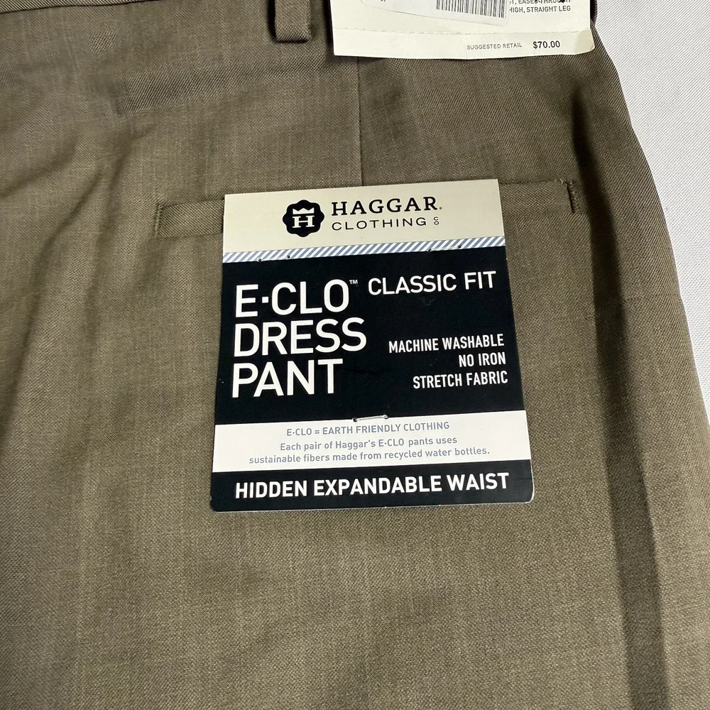 Haggar Men’s E-Clo Dress Pant Classic Fit Khaki Brown Size 40x29 40 No Iron